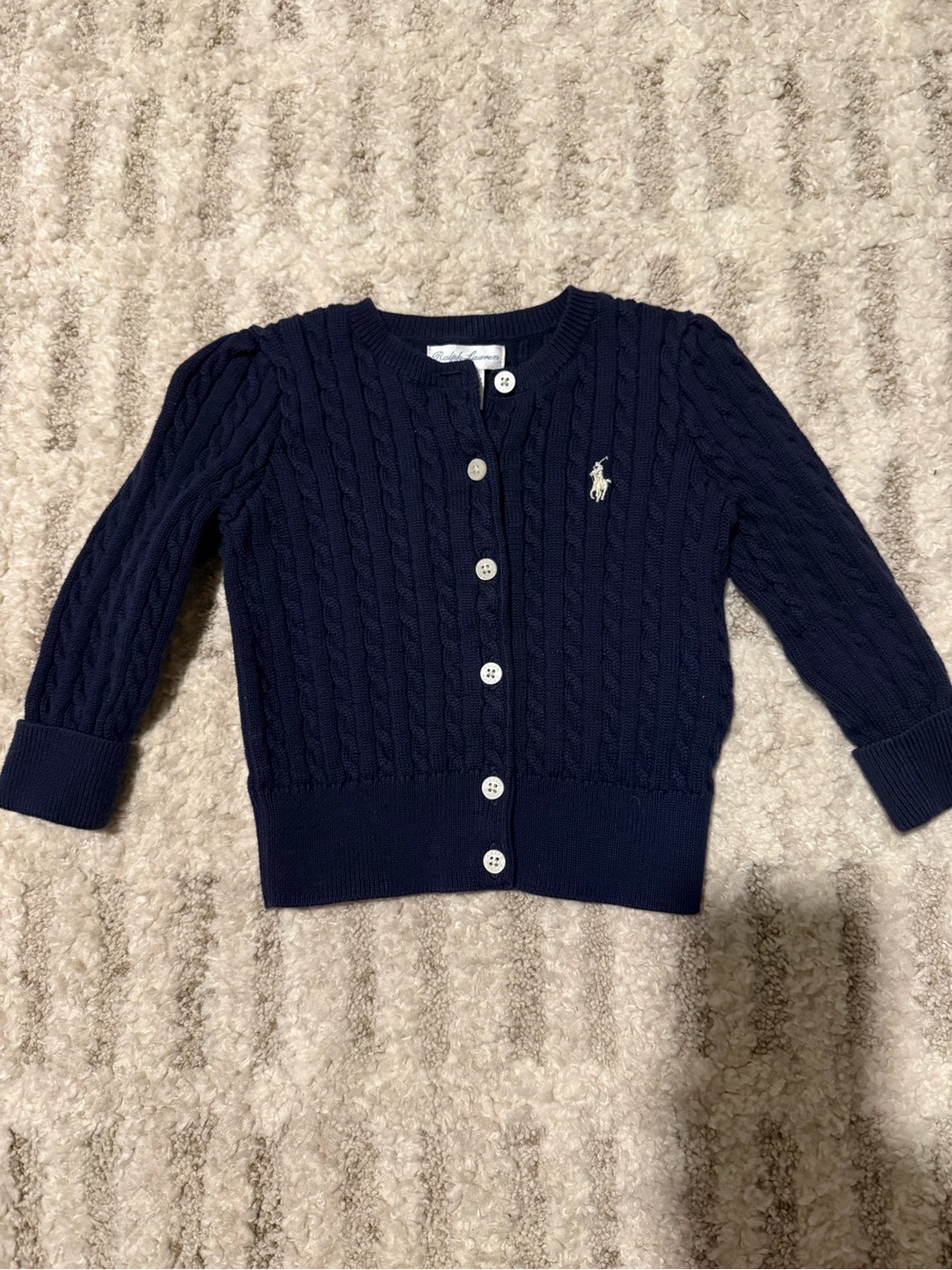 Ralph Lauren Navy Cable-Knit Cardigan with Contrast Polo Pony